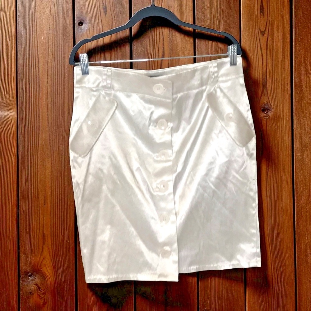 Women’s Ivory Satin Button Front Pencil Skirt High Waist Size 13/14 (Large)